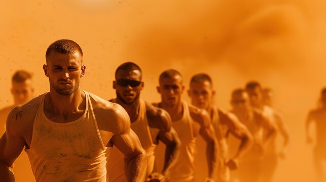 Group of muscular men running through dusty desert in dramatic orange light, showing strength, endurance, and extreme training conditions.
