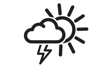 Fototapeta premium Black outline icon showing a cloud with lightning and a partially visible sun representing stormy weather conditions