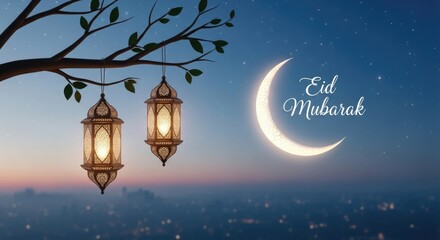 Naklejka premium Eid mubarak wishes with lanterns and crescent moon on a ramadan night