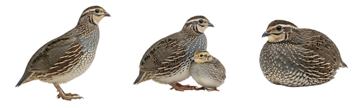 A family of quails standing together on a transparent background