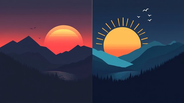 A stunning display of colors as the sun sets behind dark peaks, while a bright sunrise casts a warm glow on the opposite side, inviting new beginnings in the serene landscape 