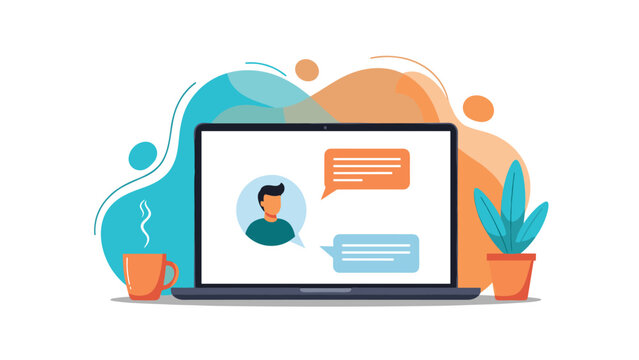 Modern laptop on a desk with coffee and a plant showing an active chat conversation with a person profile and colorful speech bubbles.