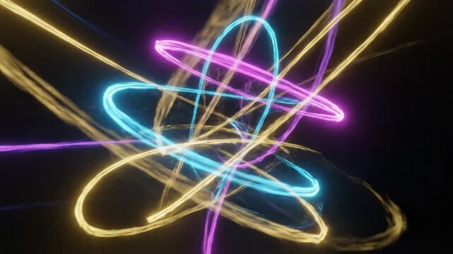 Abstract futuristic neon light trails swirling in multiple dimensions against a black background