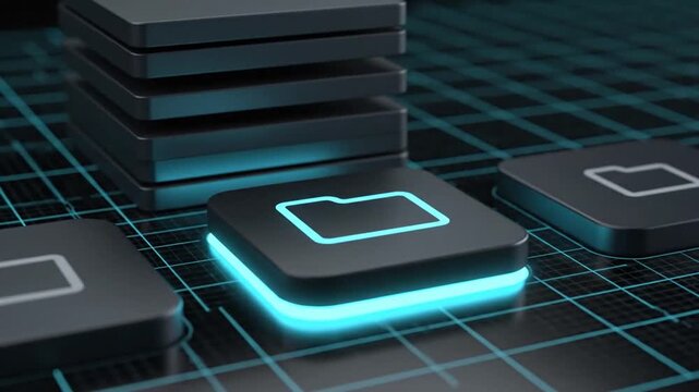 A futuristic interface displays a stack of dark grey buttons with a glowing blue outline on a grid