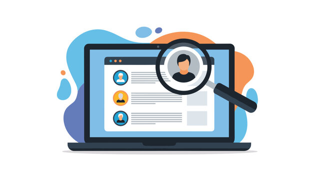 Laptop computer showing a website with human profile cards and a magnifying glass focusing on a specific candidate for a new job.