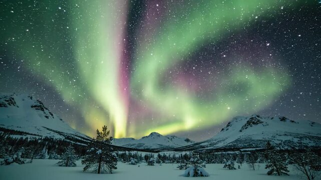 Mesmerizing aurora borealis dancing above snow-covered mountains and pine trees at night with a starry sky