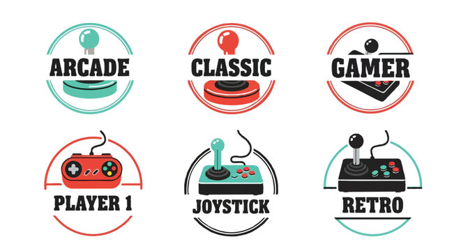 Retro arcade joysticks controllers classic gamer emblems vintage gaming icons