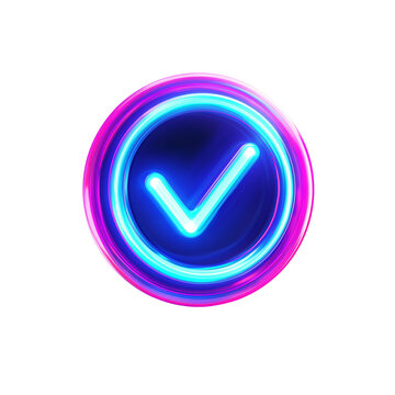 Glowing neon checkmark inside a circular frame with vibrant blue and pink light isolated on transparent background