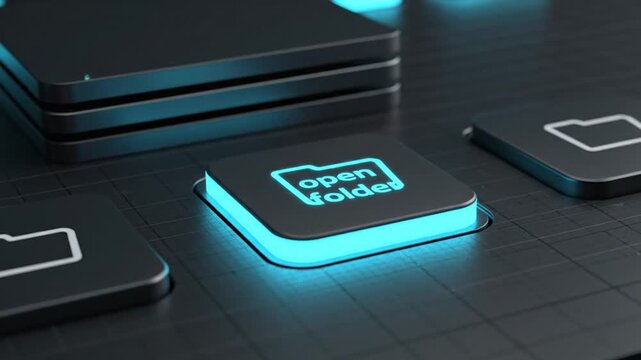 A close-up view of a glowing blue 'Open Folder' button on a dark grid surface surrounded by similar buttons