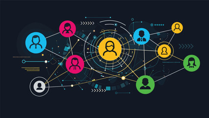 Obraz premium Global networking platform connects professionals from various industries through an interactive digital map of human resources and business contacts.