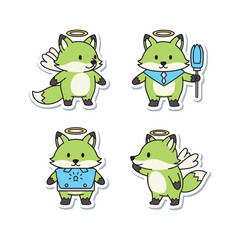 Obraz premium Cartoon green fox angel characters with halos and wings in various poses