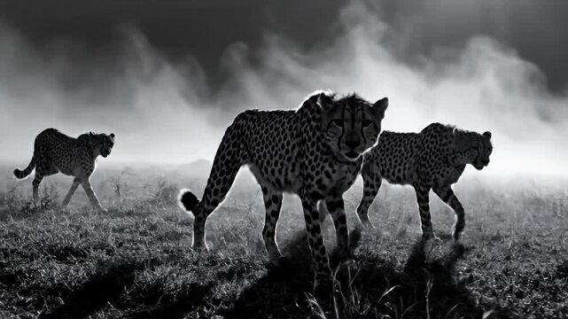 Black and white portrait of a cheetah family walking through a misty grassland environment during sunrise