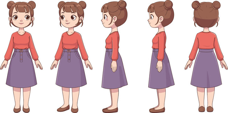 Vector illustration of cartoon girl character turnaround sheet with buns hairstyle, expressive clothing design, multiple views decorative motifs