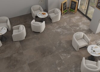 Upscale restaurant interior with marble dining tables, textured tile walls, quartz service counter, and atmospheric decorative lighting, wooden plates, glossy brown tile flooring. Mockup. 3D Rendering