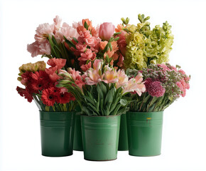 Fototapeta premium Bouquets of bright colorful blooming flowers - bright red gerbera daisies, pink tulips, carnations, light pink alstroemeria and hydrangeas in green metal buckets as a symbol of spring