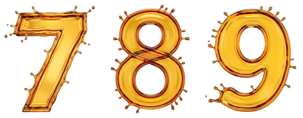 Golden oil liquid number seven eight nine splashing