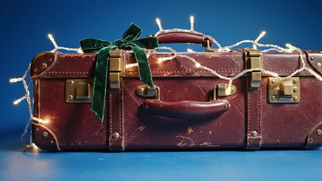 Festive vintage suitcase decorated with a green velvet bow and glowing string lights on a blue background