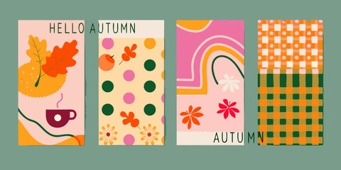 Four colorful autumn themed panels with leaves florals and patterns © Achinta