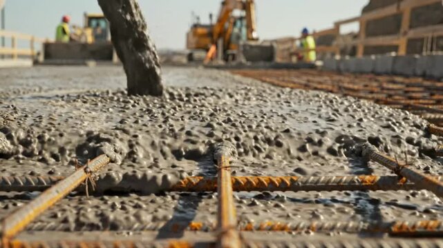 Close-up view of pouring concrete onto rebar reinforcing mesh on a construction site during daylight hours