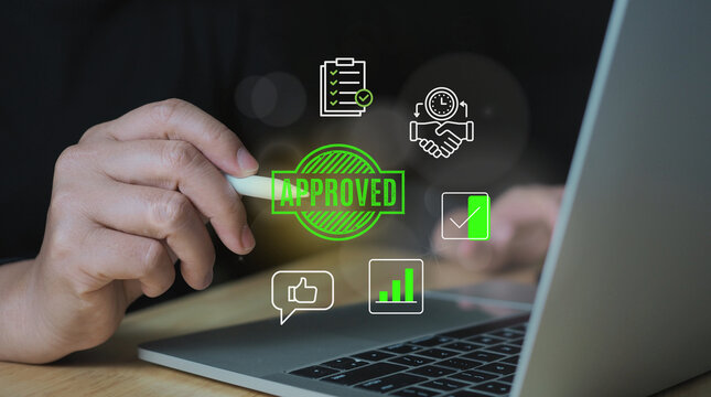 Business approval process with digital icons and person using laptop