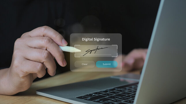 Digital signature, electronic document signing on laptop screen