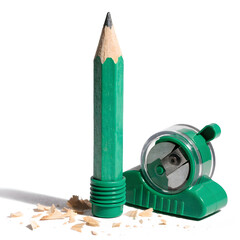 green pencil and sharpener on white background