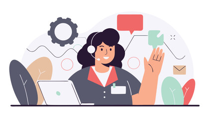 Friendly female call center agent with a headset and nametag sits at a desk with a laptop, gesturing cheerfully.