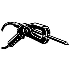 Close-up icon of a professional welding electrode holder with welding rod. black and white vector illustration of a welding torch tip, perfect for representing metalwork and fabrication activities 
