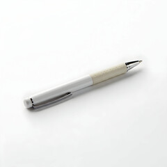 A solitary white pen lies horizontally isolated on a pristine white