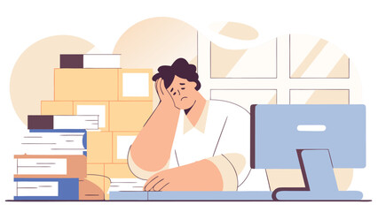 Frustrated man with head in hand feels burnout at a desk with a computer monitor surrounded by document piles.