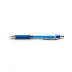A solitary blue pen lies horizontally on white background