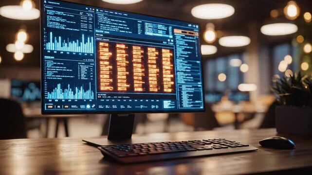 Modern computer monitor on wooden desk displays various graphs and charts in a contemporary office setting with blurred background