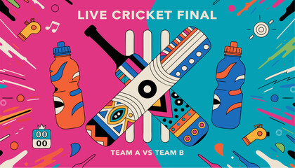 Obraz premium A vibrant illustration of a cricket final with colorful bats and bottles on a pink and blue background