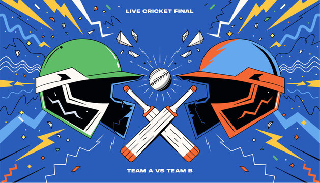 A vibrant illustration of two cricket helmets facing each other with bats and a ball on a dynamic blue background