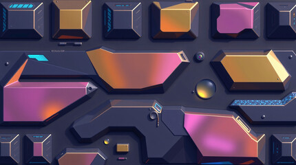 Futuristic Sci-Fi Control Panel Texture featuring Stylized Hand-Painted Geometric Shapes and Vibrant Neon Gradient Accents for Indie Game Environment and Tech UI Design
