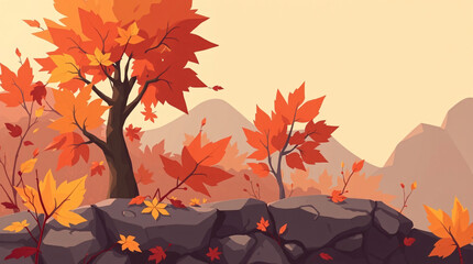 Stylized Hand-Painted Autumn Landscape with Vibrant Orange Trees, Stone Wall and Mountain Horizon for 2D Game Environment Background