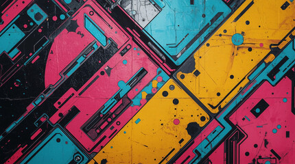 Abstract Sci-Fi Cyberpunk Geometric Panel Texture with Stylized Hand-Painted Details and Vibrant Neon Colors for Game Assets and Digital Backgrounds