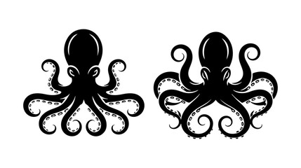 Octopus silhouette set with detailed tentacles and suckers for marine life logo designs © EysineArafat
