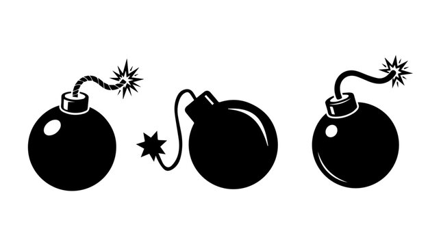 Set of three cartoon bomb icons with burning fuses black and white vector graphic design