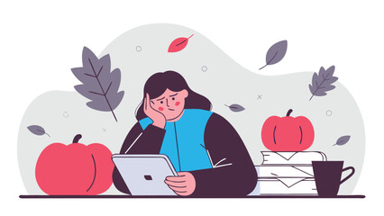 Frustrated woman resting her head on her hand, looking at a tablet, surrounded by pumpkins and autumn leaves.