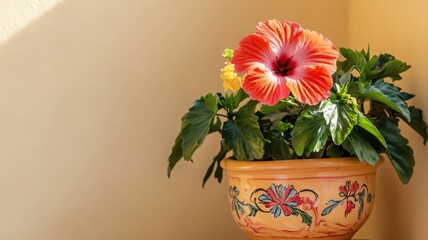 Obraz premium Vibrant Hibiscus Flower in a Decorative Ceramic Pot Against a Warm Wall Background
