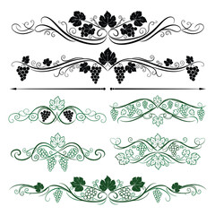 Vine and Grape Decorative Elements in Black and Green Flat Design vector illustration