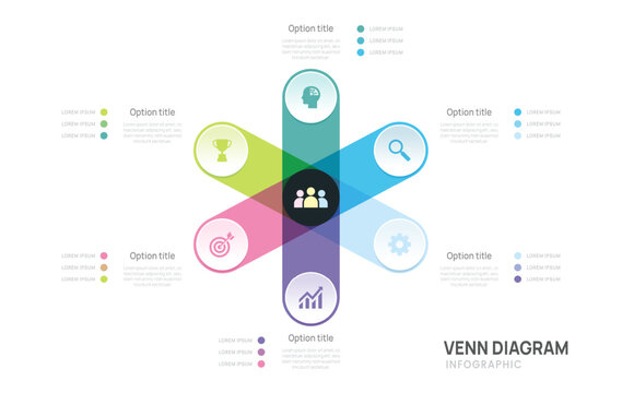 Venn diagram infographic chart template for business 6 options presentation and icon elements, 6 steps business success.