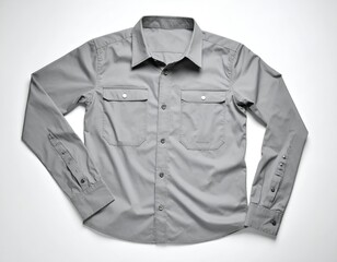 A flat lay of a light grey, long-sleeved button-up shirt with two breast pockets, on a white surface