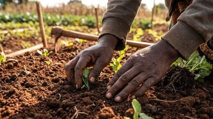 African farmer's hands gently planting green seedlings into rich fertile soil at an outdoor rural farm, fostering agricultural growth and sustainable food security