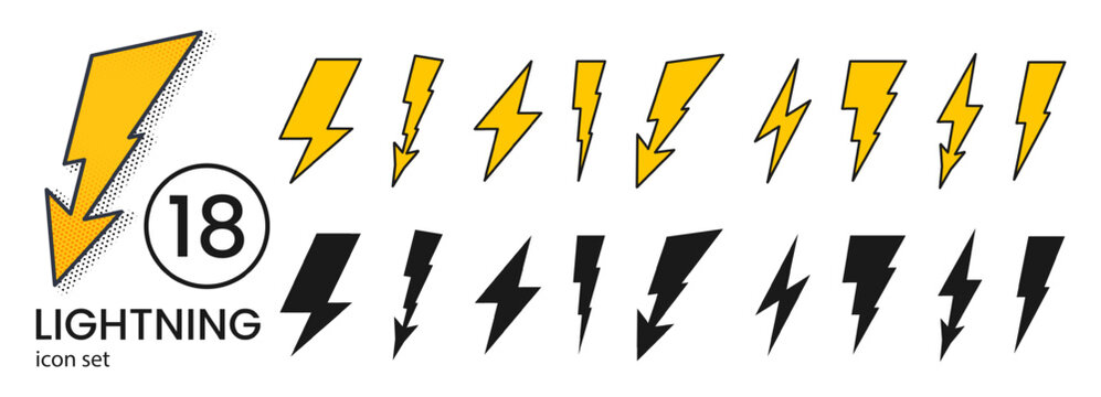 Thunderbolt vector set featuring black and yellow lightning strikes. Bold electric symbols for mobile chargers, logos, and storm graphics with energy flash effects.