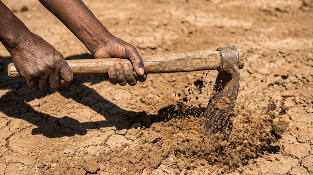 African farmer's hands digging dry, cracked earth with a hoe, symbolizing hard work, traditional agriculture, manual labor, poverty, food security, and rural development in Africa