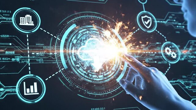 A hand interacts with a futuristic interface displaying data visualizations and icons in a technological environment from a close-up viewpoint