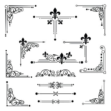 Elegant fleur de lis ornaments and decorative frames vector illustration black and white scalable art
