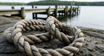 Fototapeta premium Thick nautical rope coiled on rocky dock by serene lake